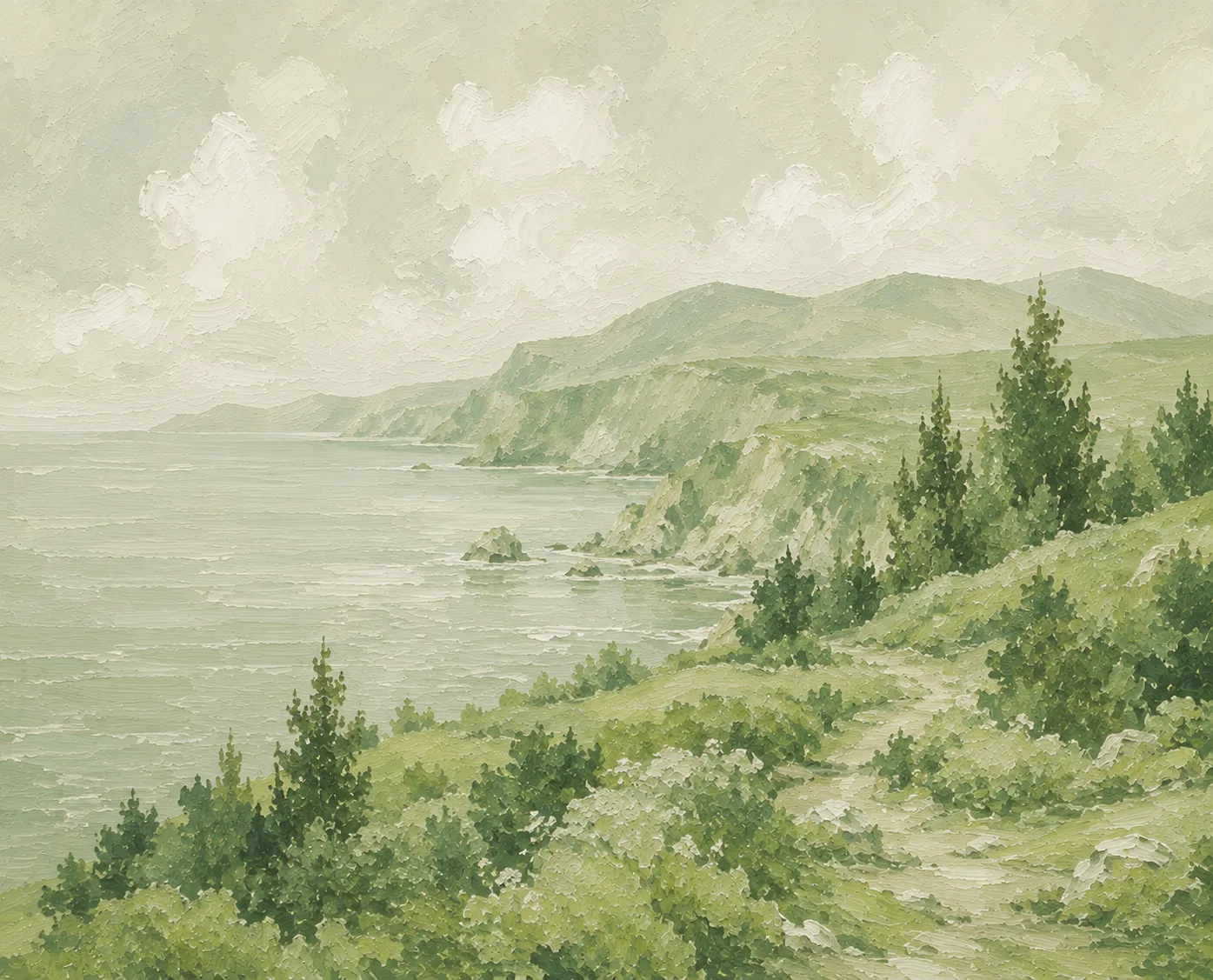 Painted landscape of a green coastline: pine-covered headland, cliffs and open sea under a pale, clouded sky.
